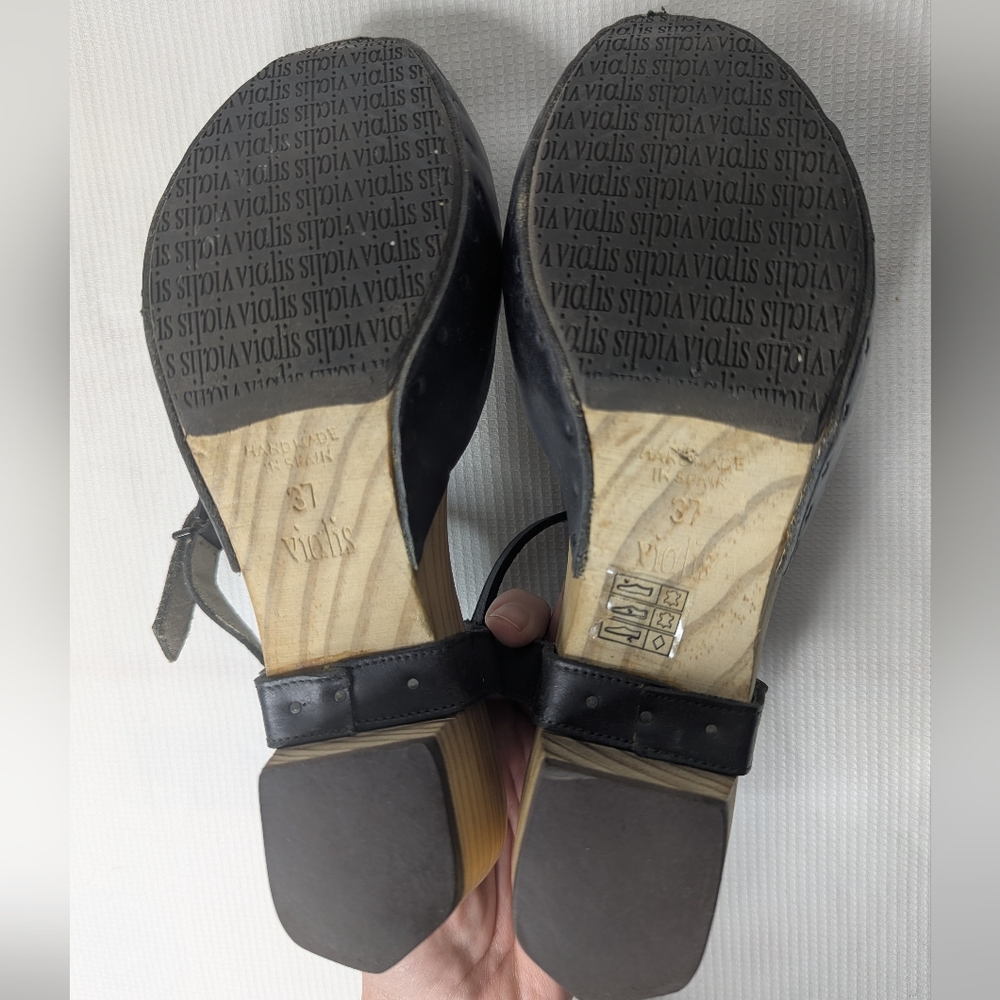 Vialis Black Leather Clogs Wood Heel Handmade in Spain Women's Size 6.5 / EUR 37 - Picture 8 of 14